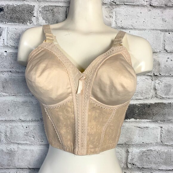 Vintage Y2K 90s Playtex Longline Retro Corset Bra 36B Cream Lace Retro Crop Top - Picture 1 of 13